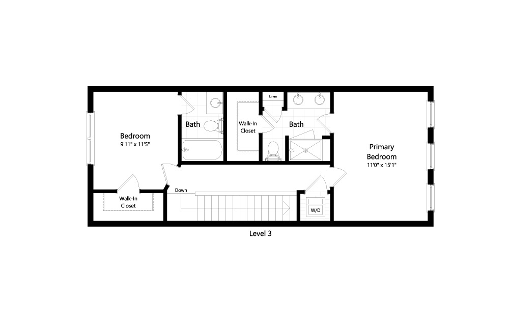 Tanager - 3 bedroom floorplan layout with 3.5 baths and 1610 square feet. (Level 3 / 2D)