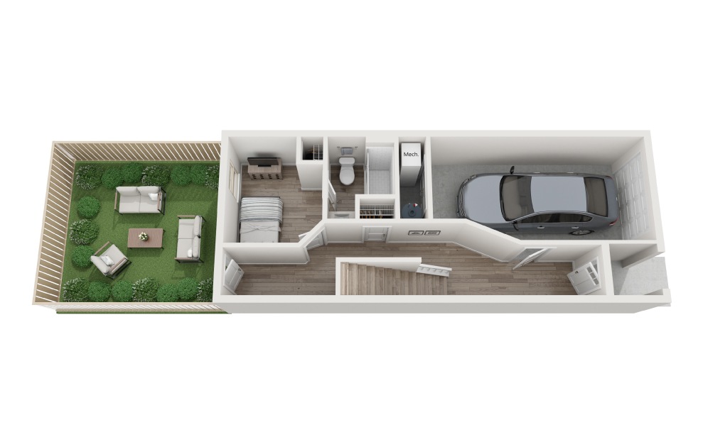 Tanager - 3 bedroom floorplan layout with 3.5 baths and 1610 square feet. (Level 1 / 3D)