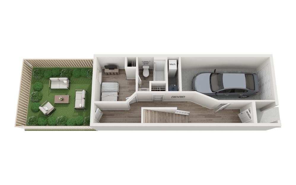 Tanager - 3 bedroom floorplan layout with 3.5 bathrooms and 1610 square feet (Level 1
, 3D)